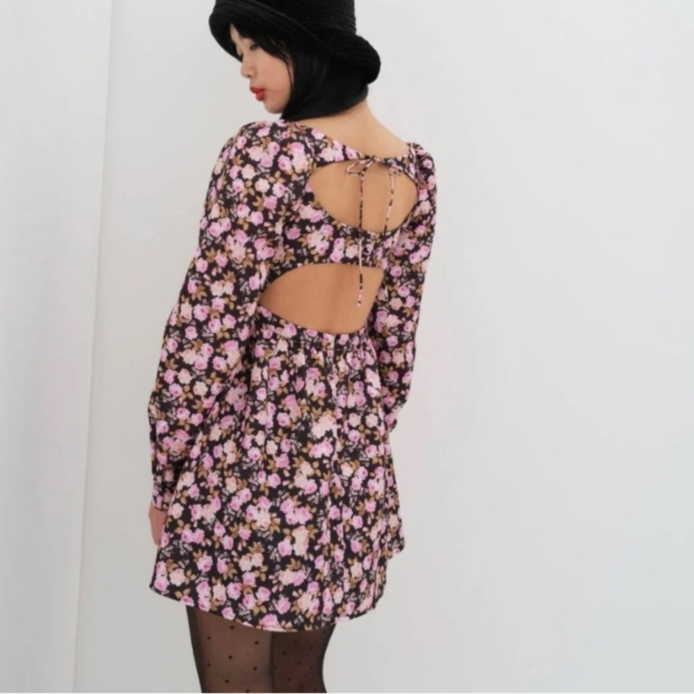 For Love and Lemons Kate Mini Dress Long Sleeve Black Floral Size Small